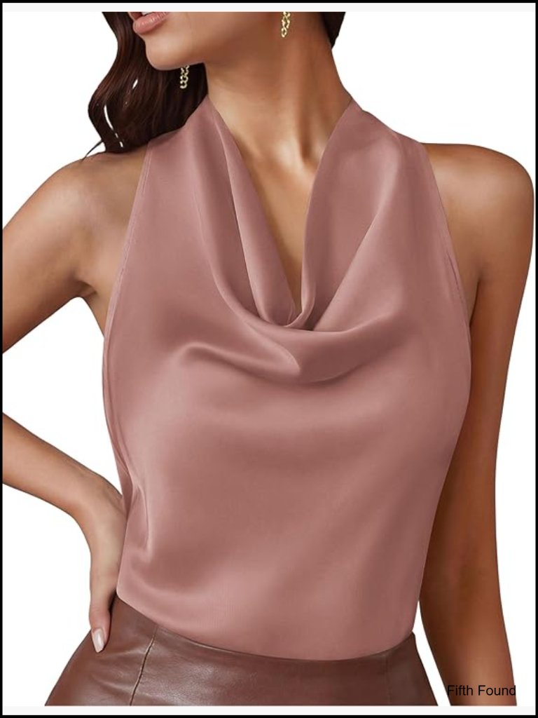Silk Satin Halter Top Cowl Neck Tie Back Sleeveless Tank Women's